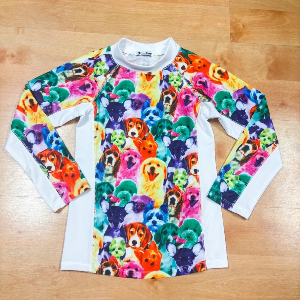 Jxstar Bright Multicolor Rainbow Long Sleeve Dog Puppy Graphic Rashguard 8-9Y